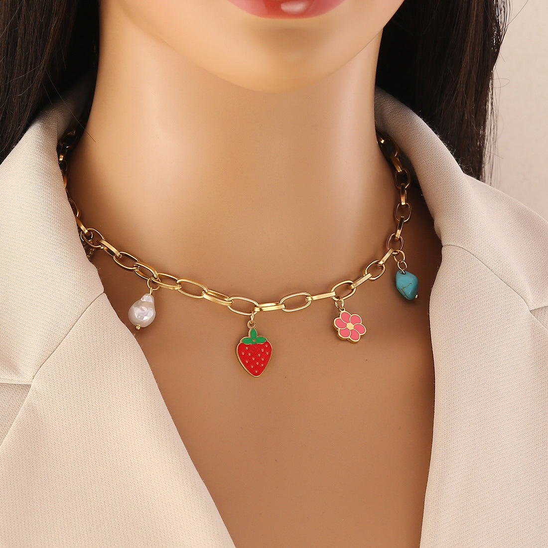 Cute Strawberry Pendant Necklace Set for Women with Stainless Steel Chain and Enamel Coating in Fresh Sweet Style