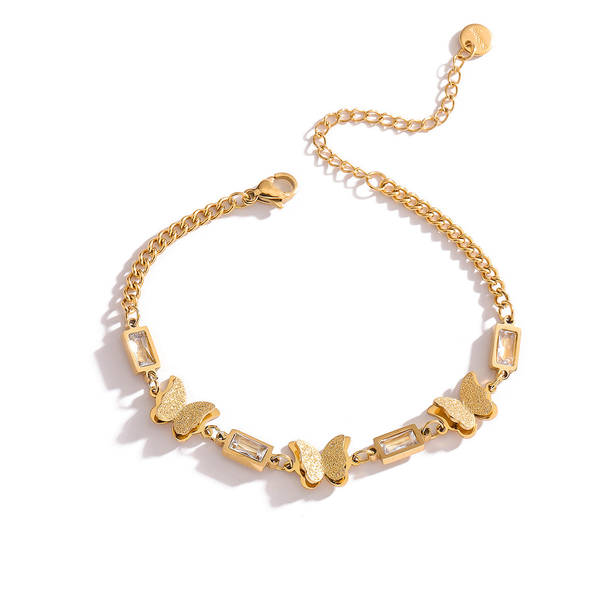 Bracciale da donna in acciaio al titanio con farfalla minimalista, placcatura in oro e intarsio di zirconi