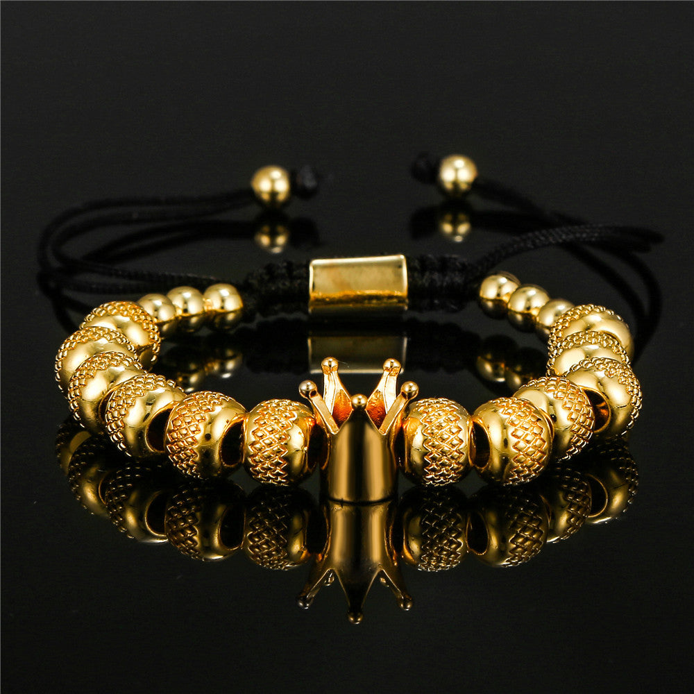 Vintage Geometric Crown Stainless Steel Brass Beaded Bracelet for Men and Women