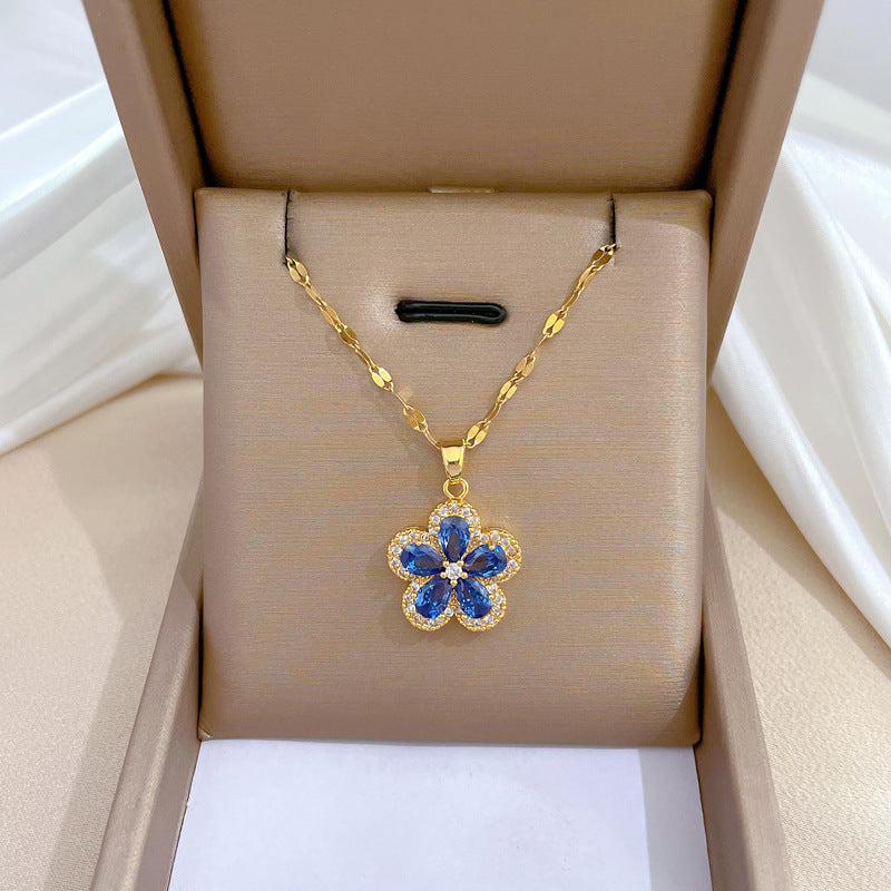 Four-Leaf Clover Rhinestone Pendant Necklace for Women Titanium Steel Irregular Chain Shell Locket Floral Style