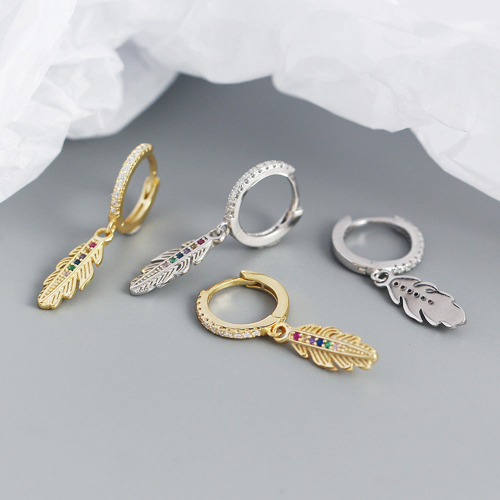 Eleganti Orecchini a Cerchio in Argento Sterling 925 a Forma di Piuma con Zirconi Cubici Colorati