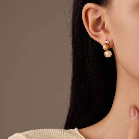 Minimalist Elegant Pearl-Embellished Titanium Steel Round Earrings for Women with Plated Finish
