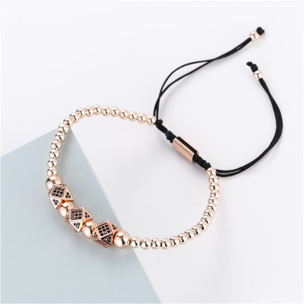 Unique Geometric Handmade Brass Bracelet with Cubic Zirconia and Adjustable Beads
