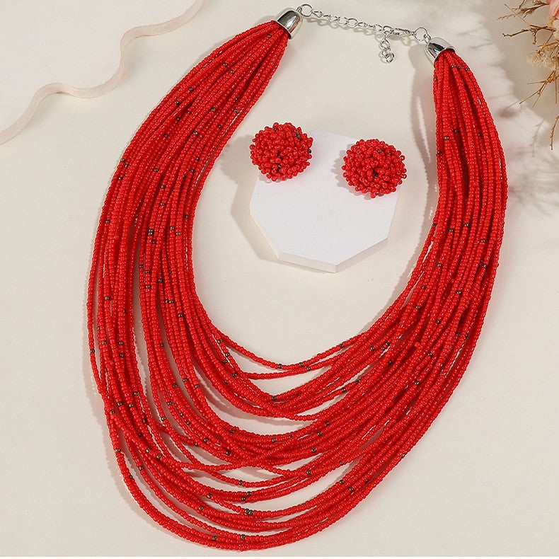 Bohemian Multi-Layer Glass Seed Bead Necklace and Earrings Set for Women with Line Pattern and Ethnic Design