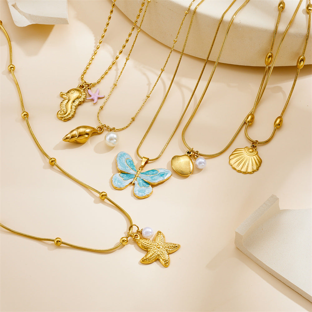 Chic Gold Plated Drip Oil Stainless Steel Starfish Butterfly Necklace