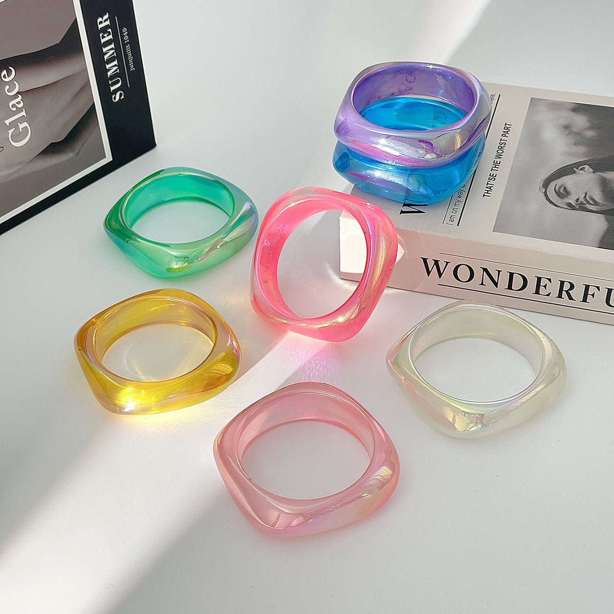 Sweet Geometric Round Resin Plated Bangle Bracelet Gradient Flash Transparent Cuff