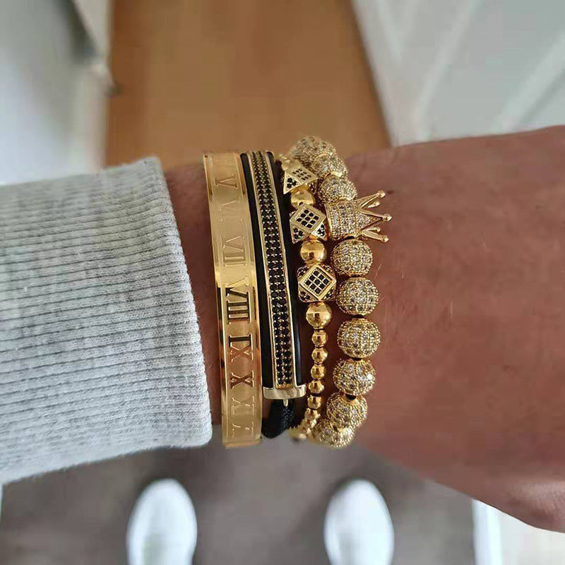 Vintage Punk Geometric Crown Brass Micro-inlay Cubic Zirconia Stainless Steel Braided Bracelet Set for Unisex