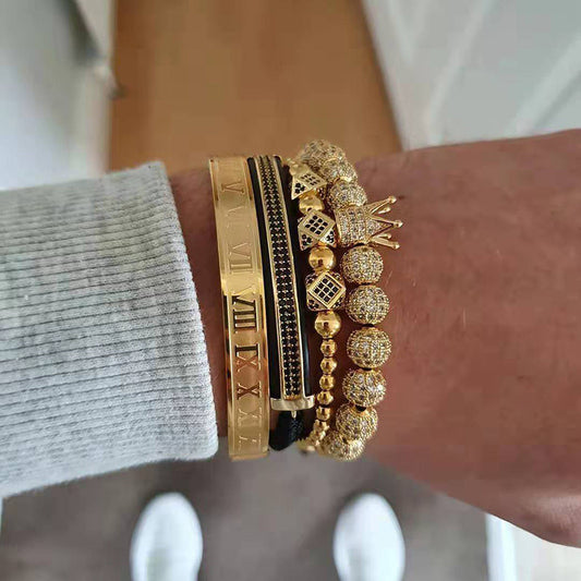 Vintage Punk Geometric Crown Brass Micro-inlay Cubic Zirconia Stainless Steel Braided Bracelet Set for Unisex