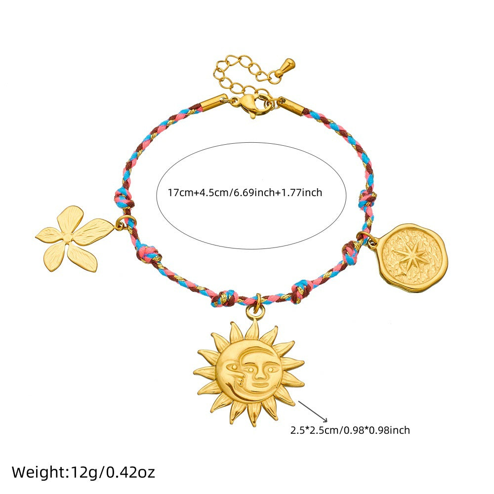 Minimalist Gold Plated Stainless Steel Floral Sun Round Pendant Bracelet