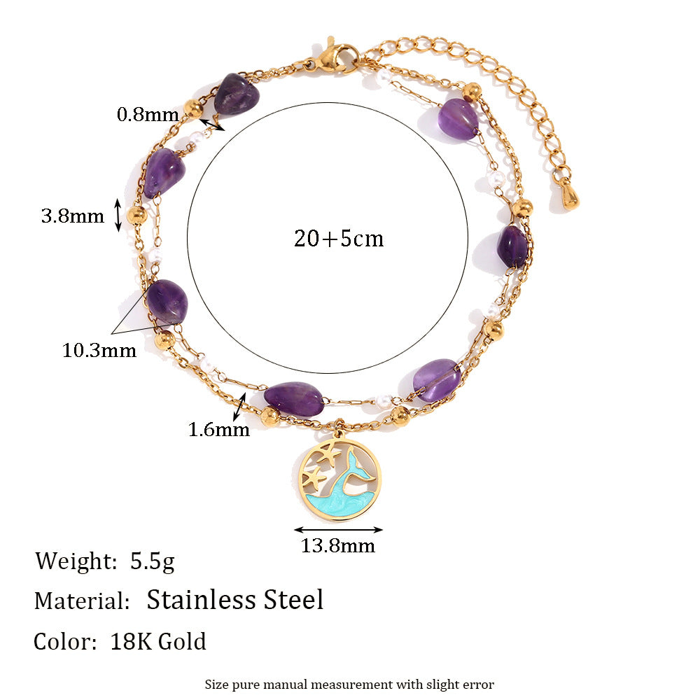Minimalist Round Anklet for Women Made of Stainless Steel with 18K Gold Plating and Natural Stone Accents