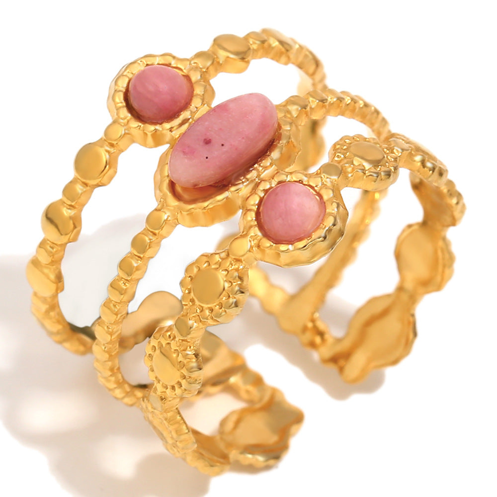 Anello Geometrico Vintage Francese in Acciaio Inossidabile con Placcatura in Oro 18K e Accento di Rubino