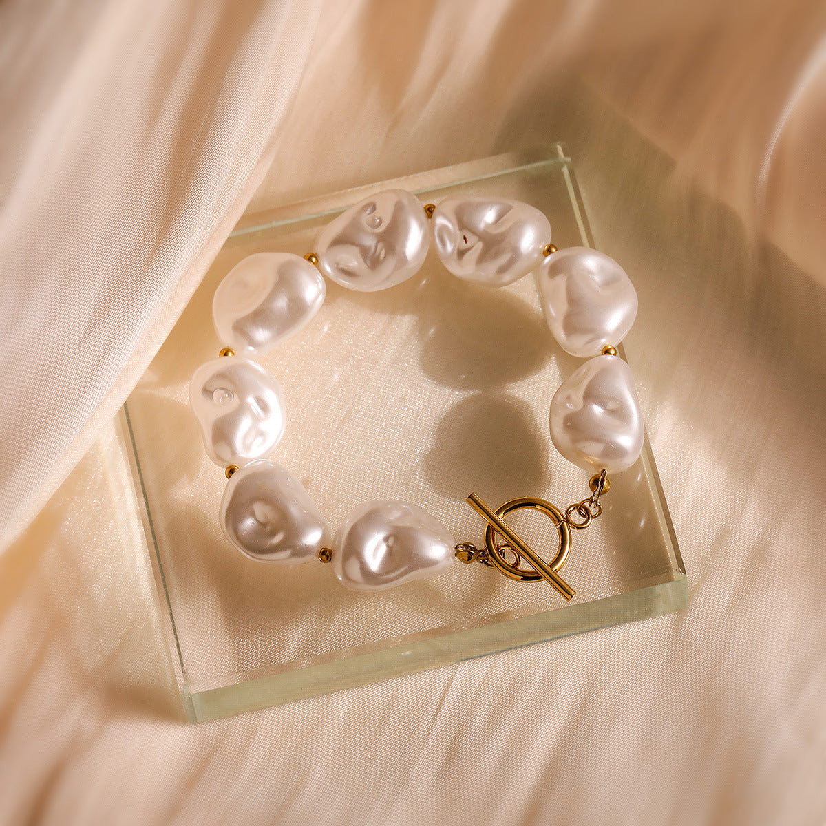 Elegant 18K Gold Plated Stainless Steel Heart Pearl Necklace and Bracelet Set for Women