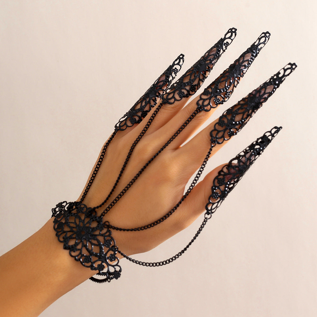 Gothic Style Geometric Pendant Finger Bracelet with Tassel and Chain Detail for Women