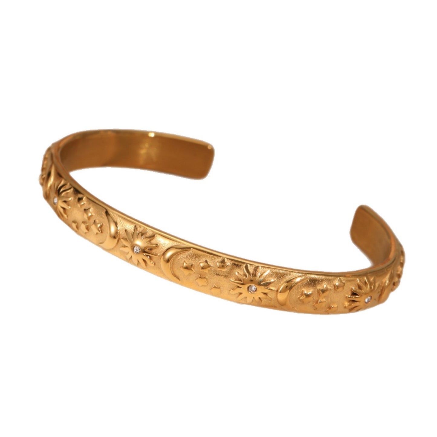 Bracciale da Donna di Tendenza in Acciaio Inox con Rilievo Geometrico Stella e Luna, Placcato Oro 18K, Gioiello Leggero di Lusso