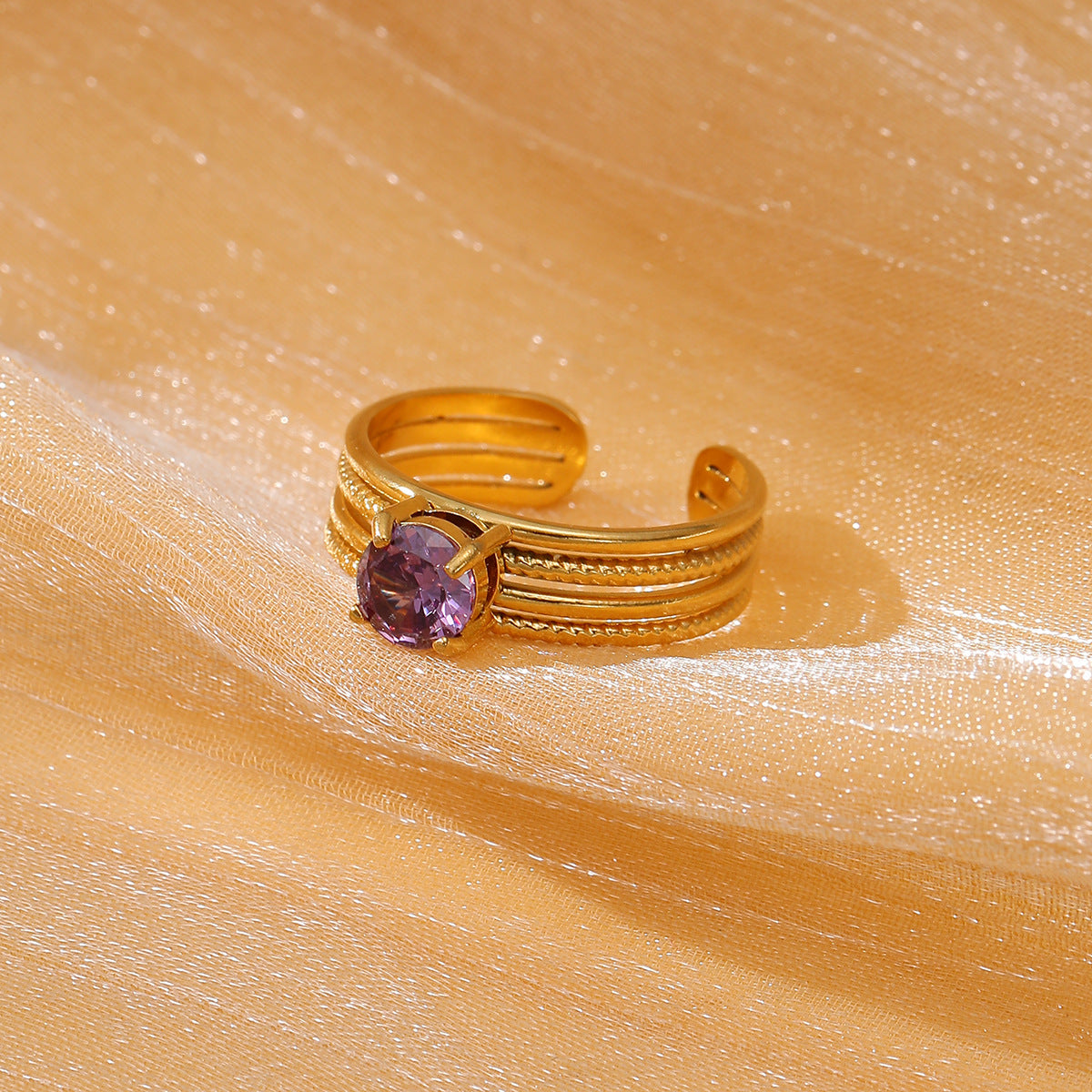 Minimalist Luxury Stainless Steel Ring with 18K Gold Plating and Colored Zirconia, Round Geometric Design for Women