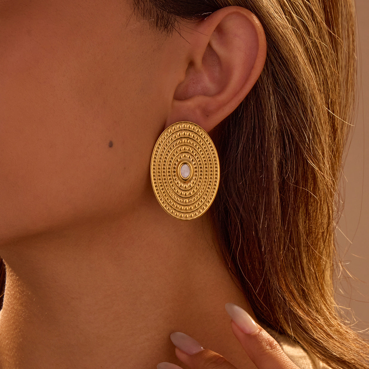 Aretes de Acero Inoxidable Ovalados Geométricos de Moda con Baño de Oro de 18K para Mujer