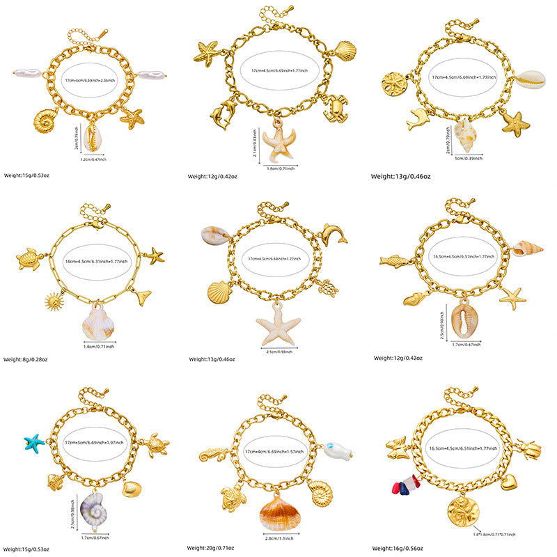 Fashion Gold Plated Stainless Steel Animal Crab Starfish Sea Creature Charm Bracelet for Women