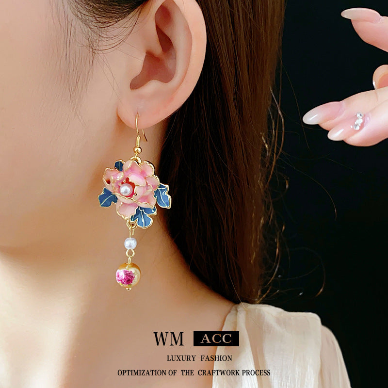 Pendientes colgantes de perlas florales estilo vintage chic con acabado esmaltado en aleación para mujer