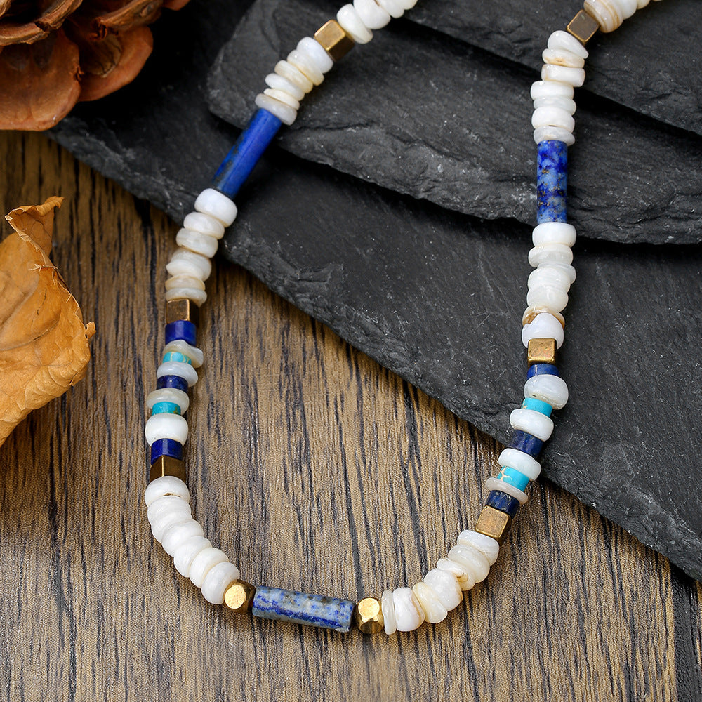 Personalized Geometric Round Stainless Steel Freshwater Shell Beaded Necklace Handmade Cable Chain