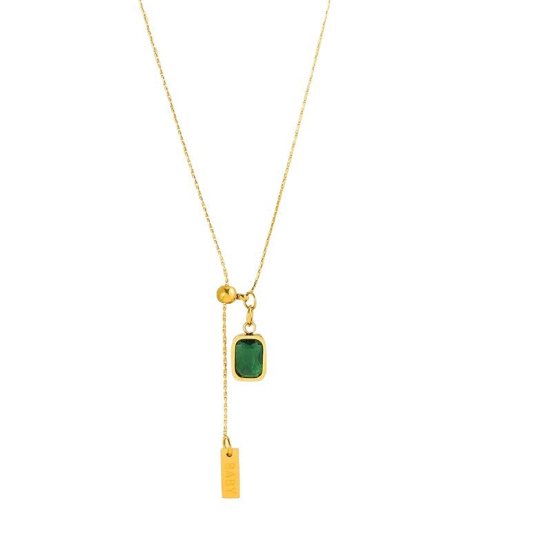 Minimalist Elegant Letter Teardrop Titanium Steel Plated Necklace with Emerald Cubic Zirconia and Tassel Chain for Women