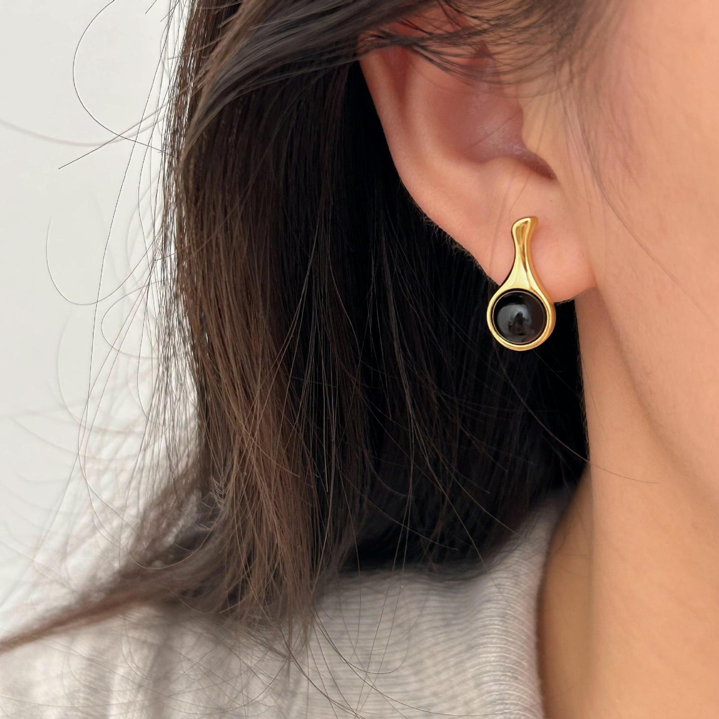 Minimalist Geometric Black Onyx Stud Earrings in 925 Sterling Silver with Gold Plating