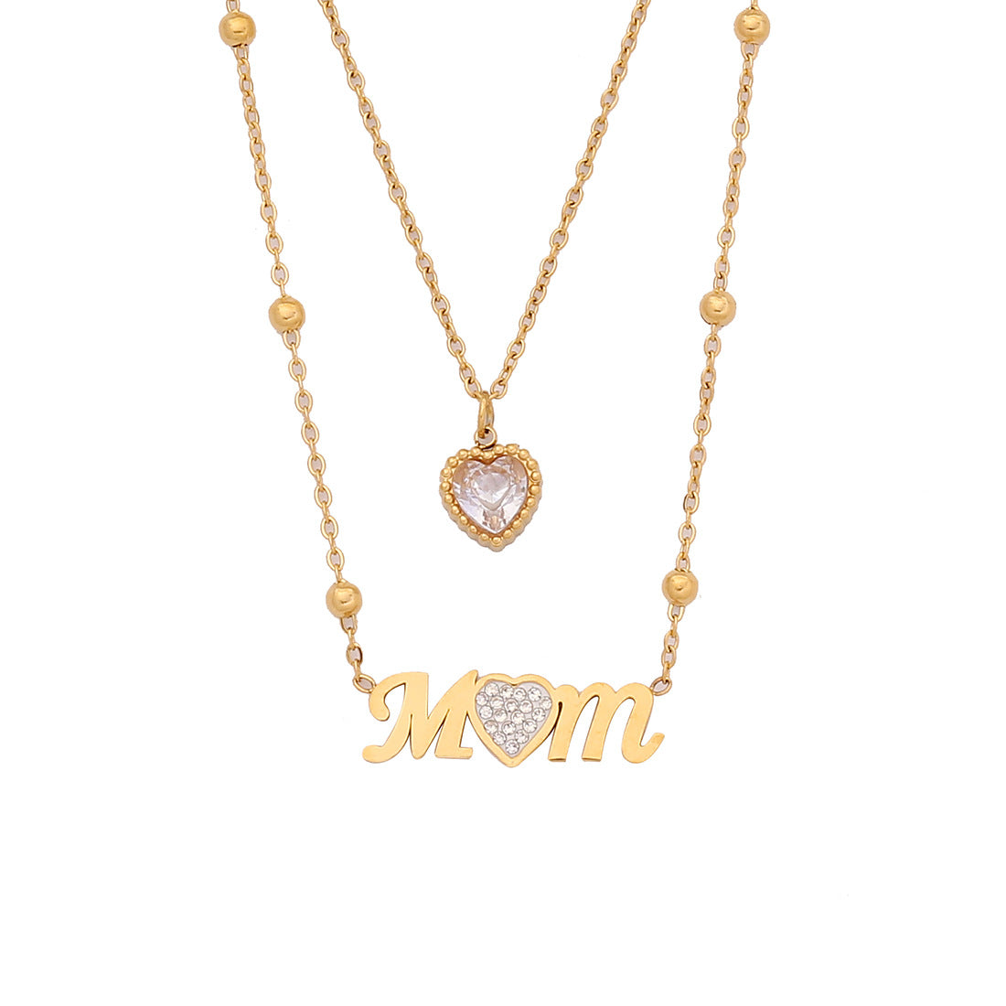 Fashionable Heart-Shaped Stainless Steel Double-Layer Pendant Necklace with Tassel and Plated Finish for Women