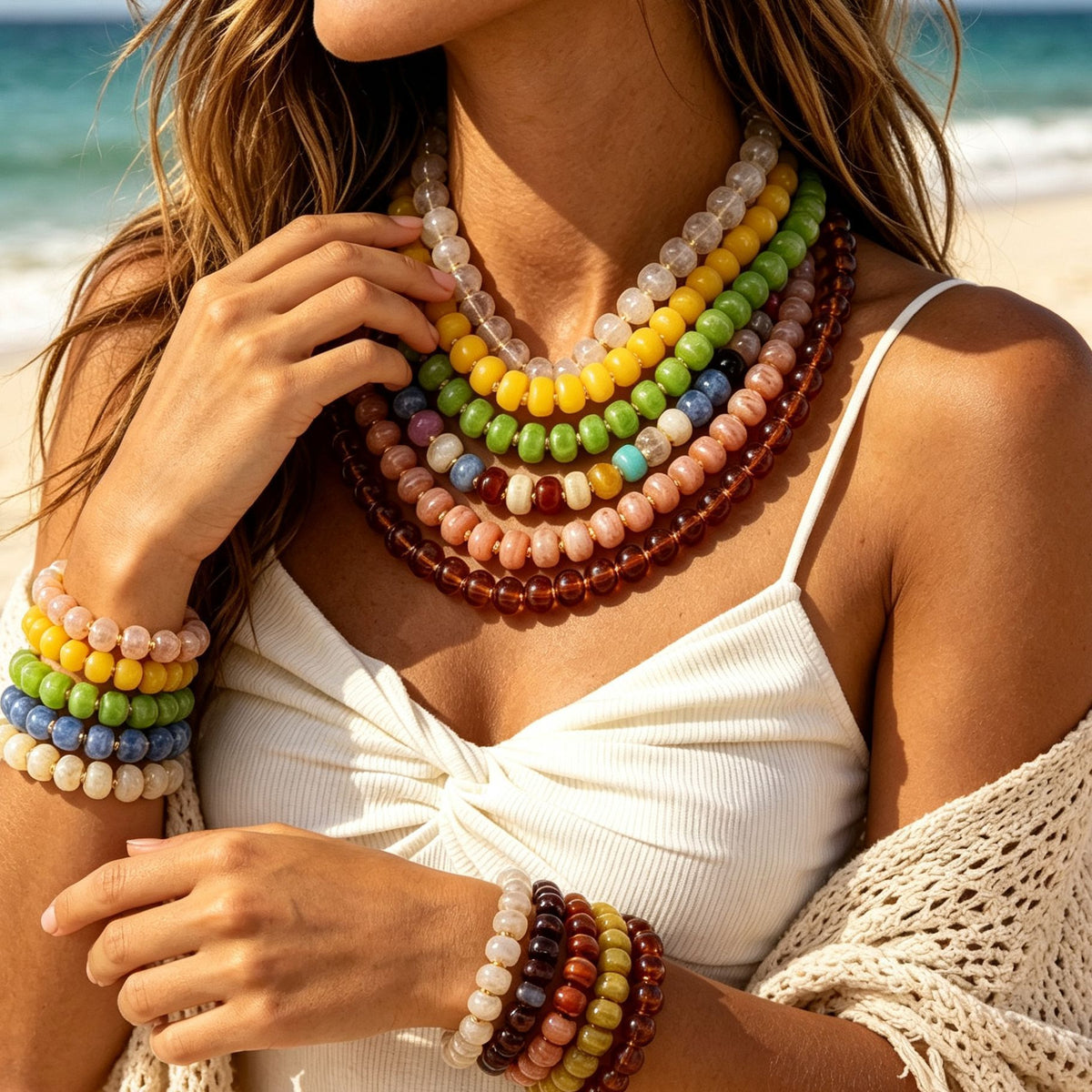 Bohemian Geometric Gradient Resin Plated Stainless Steel Ball Chain Necklace for Women