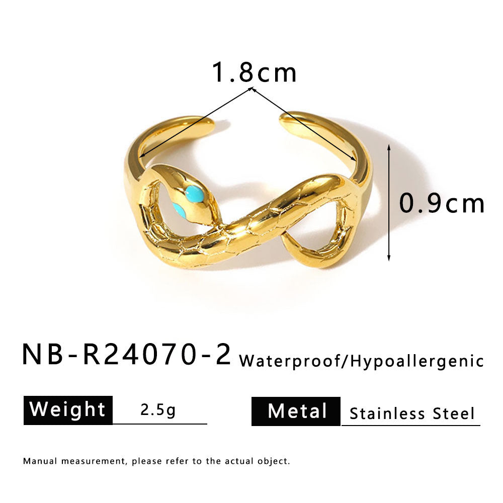 Anello da donna a forma di serpente geometrico con intarsio di zirconi e placcatura in oro su acciaio inossidabile