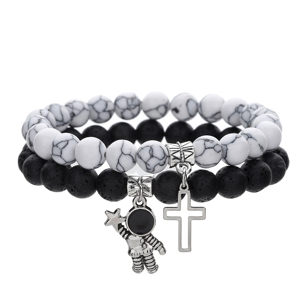 Minimalist Geometric 8mm White Pine Volcanic Stone and Hematite Ball Chain Bracelet Set with Cross and Astronaut Charms