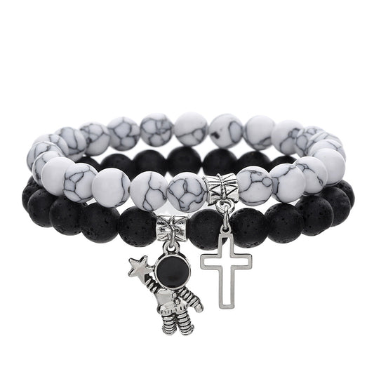 Minimalist Geometric 8mm White Pine Volcanic Stone and Hematite Ball Chain Bracelet Set with Cross and Astronaut Charms