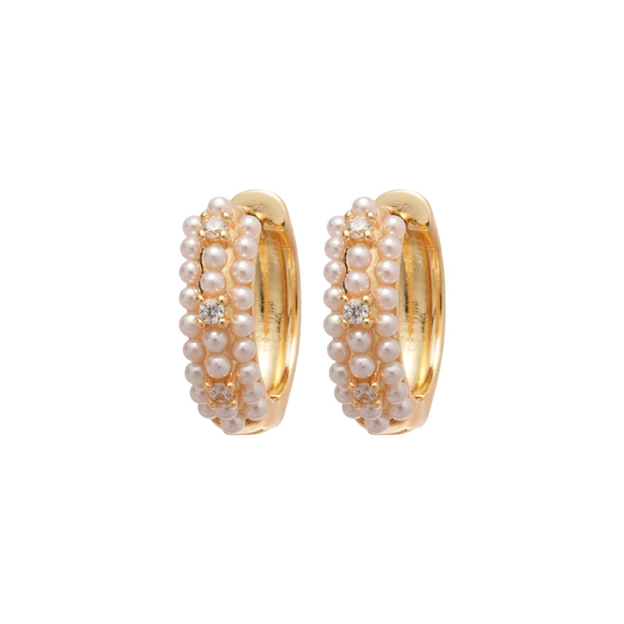 Elegantes Pendientes de Perlas Redondas Multicapa estilo Francés con Incrustaciones de Circones para Mujer