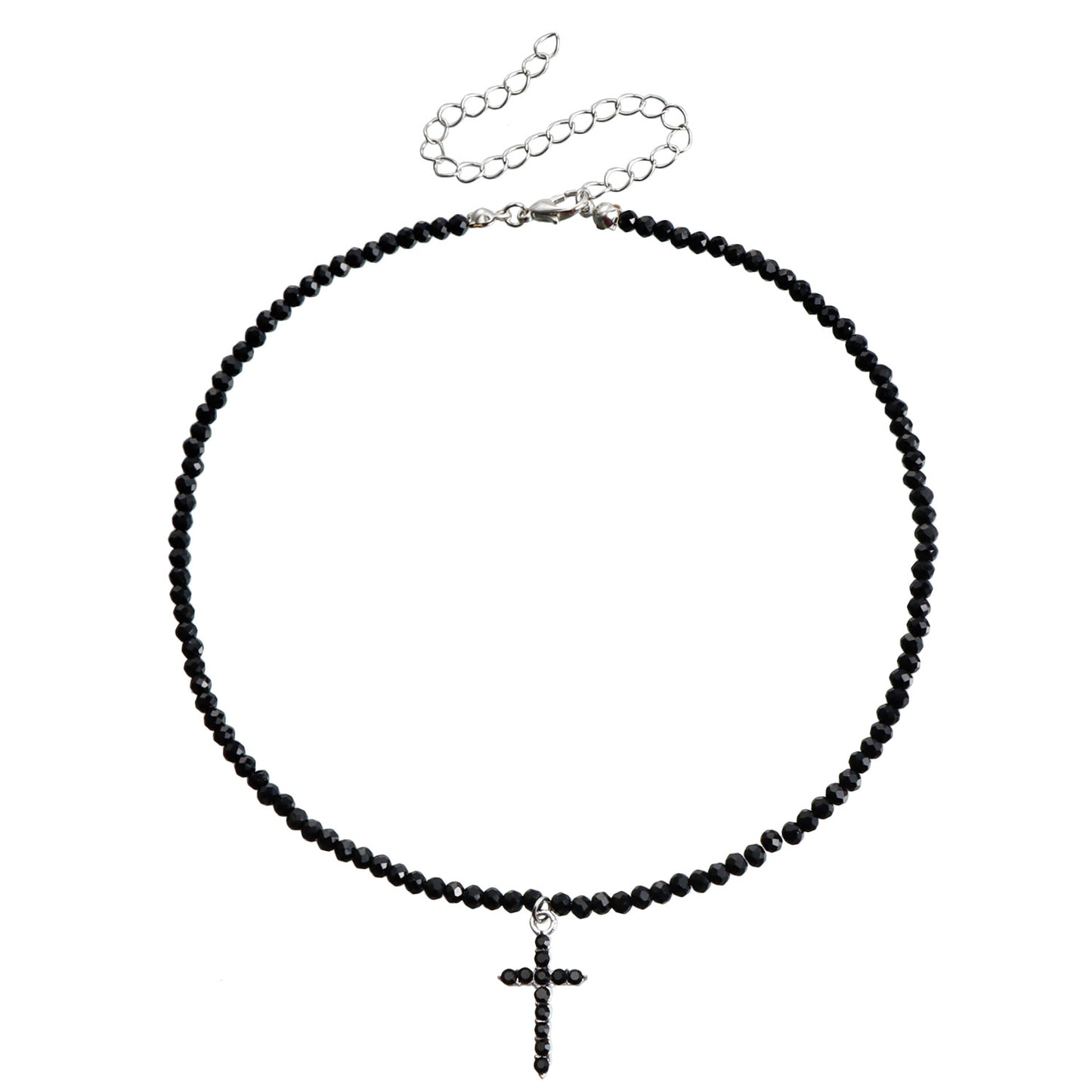 Minimalist Cross Pendant Necklace with Black Crystal Beads on Choker Chain for Women