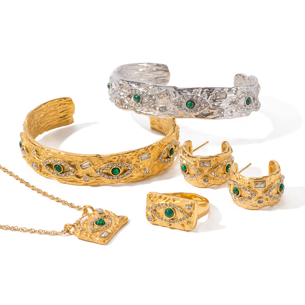 Anello da donna Ins Style con Occhio Turco geometrico quadrato francese in acciaio inossidabile placcato oro 18 carati con zircone e malachite