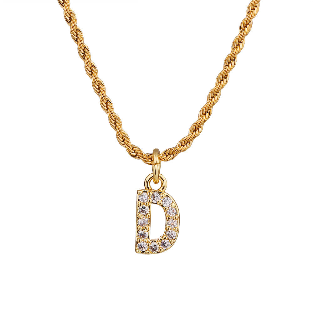 Collar con colgante de letra para mujer, minimalista, de moda, cadena trenzada de acero inoxidable con baño de oro e incrustaciones de circonita