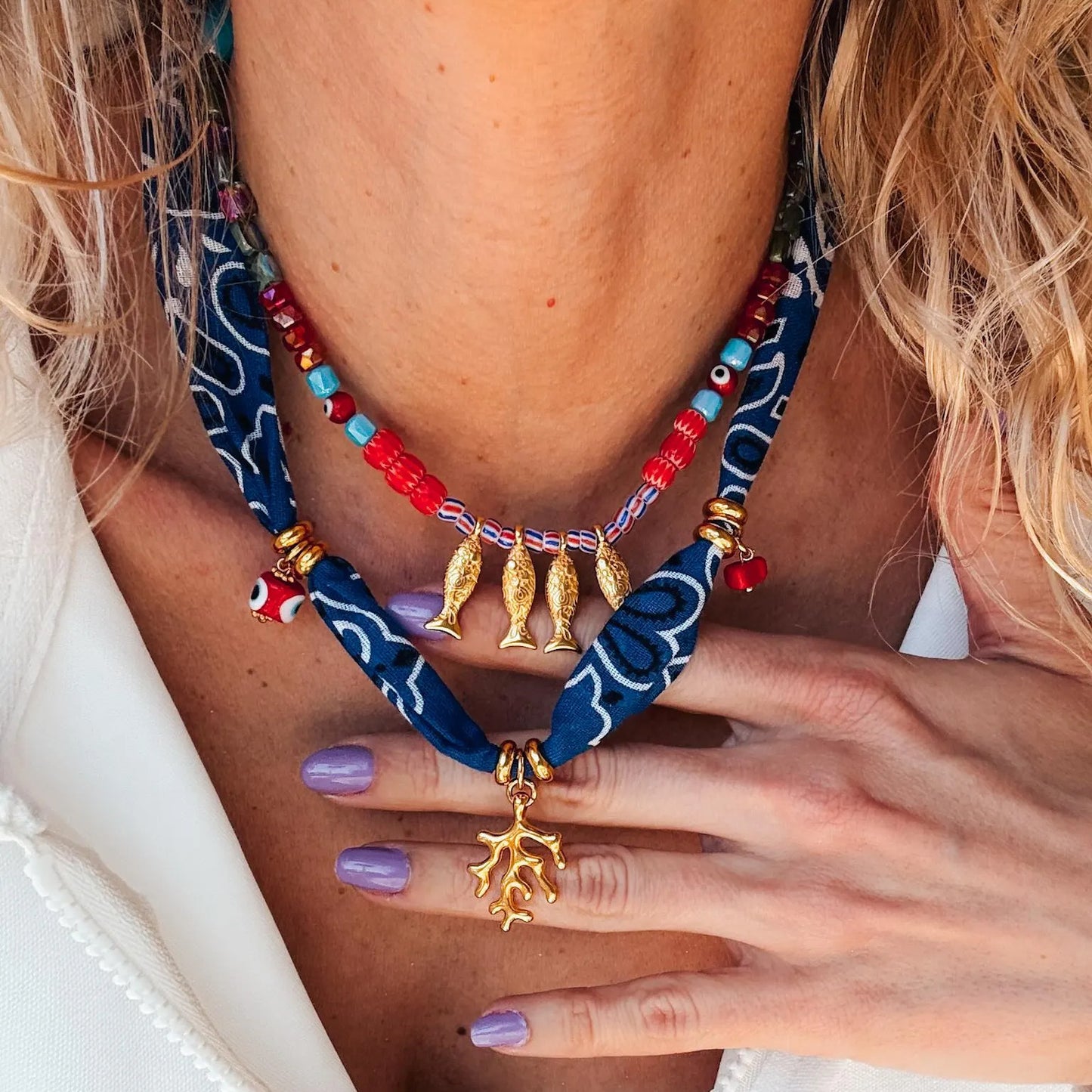 Dopamine Colorful Coral Fish Beaded Necklace for Women, Geometric Style Copper Pendant with Stainless Steel Charm, Electroplated Finish, Elegant Sweater Chain