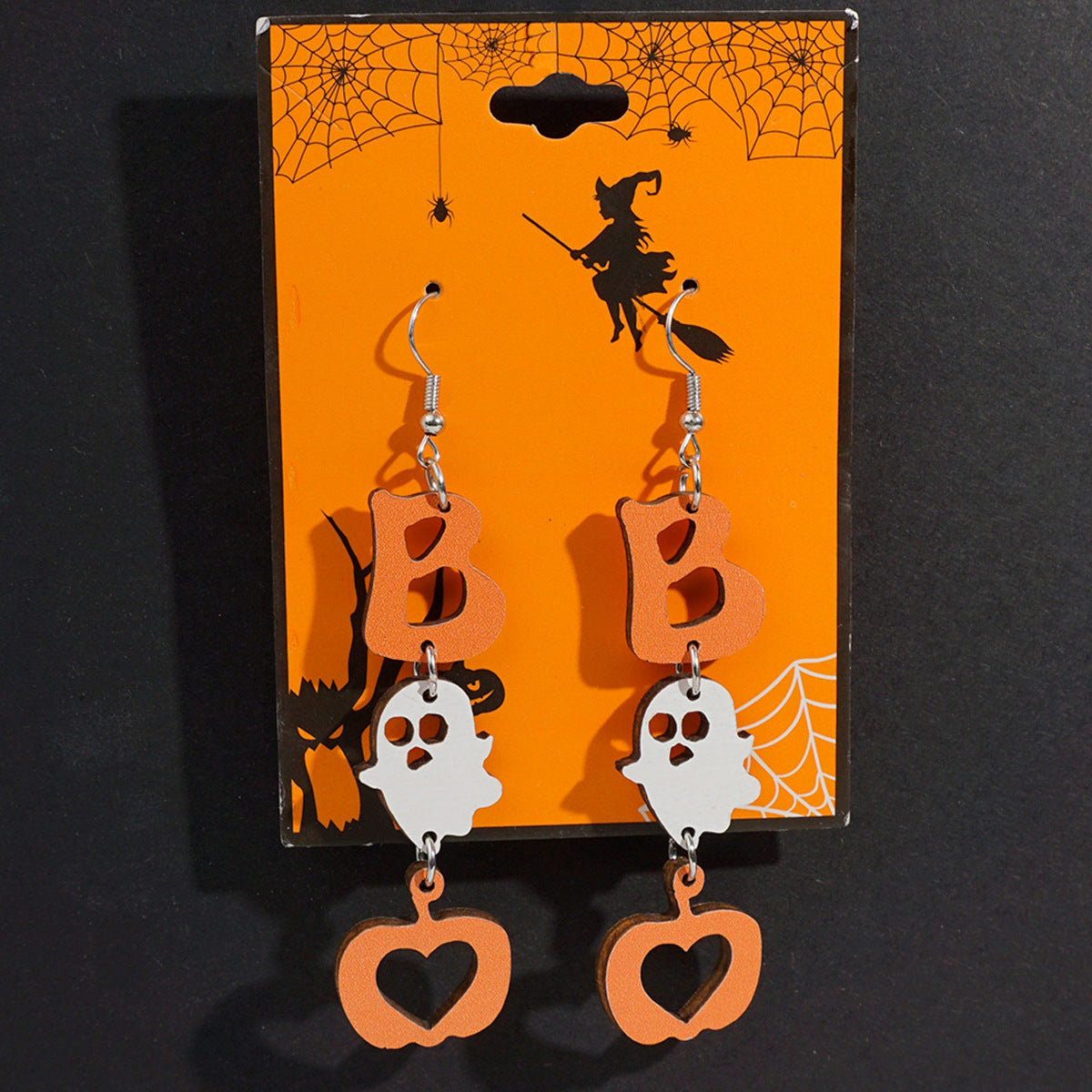 Pendientes de madera con temática de Halloween con fantasma de dibujos animados, calabaza y colgante de calavera para decoración de fiestas