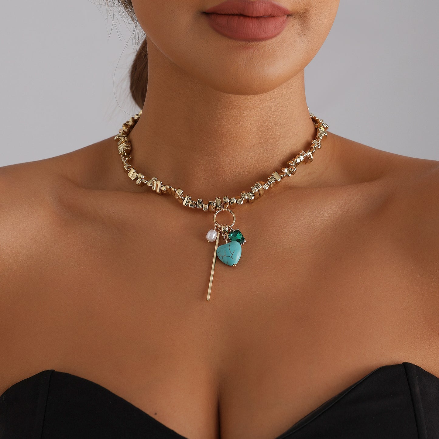 Vintage Luxury Geometric Square Gemstone Turquoise Inlay Alloy Plated Necklace for Women