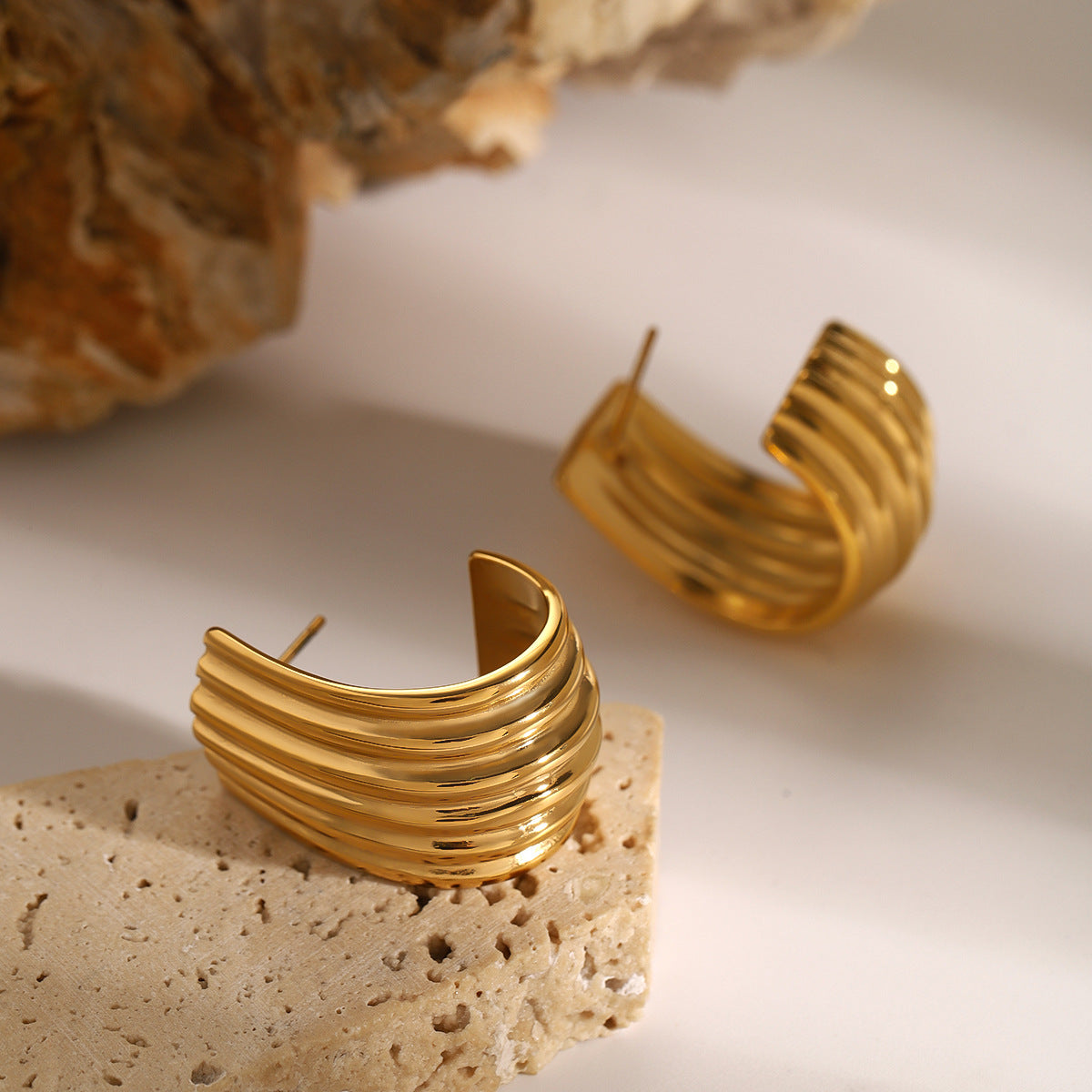 Geometric C-Shaped Stainless Steel Stud Earrings with Plating Finish for Women