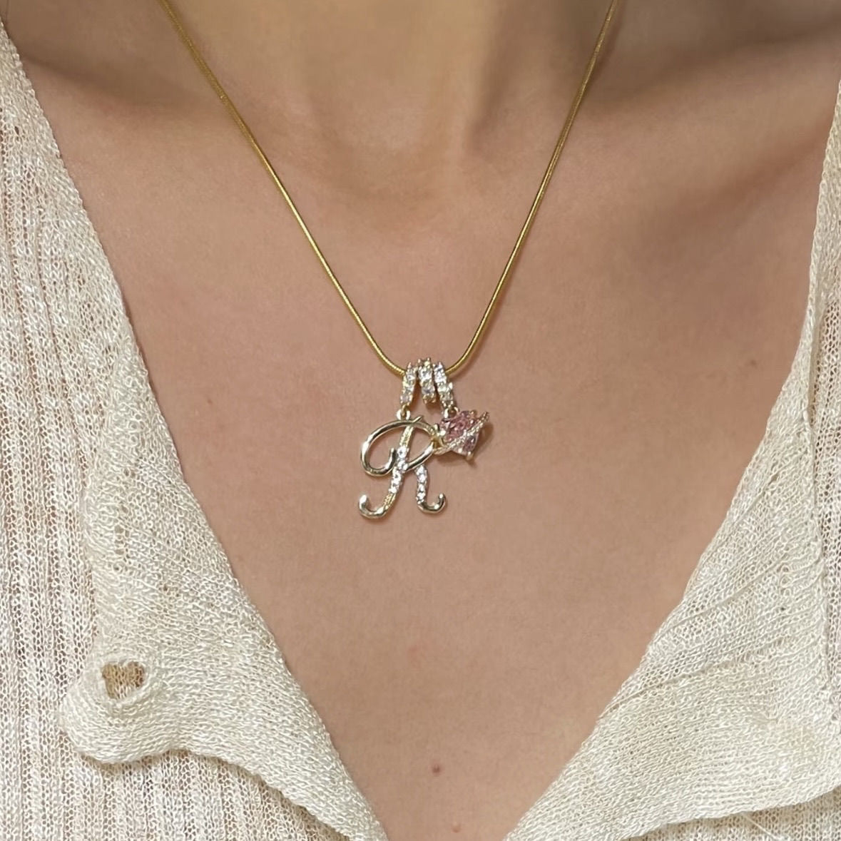 Sweet 22K Gold Plated Letter Titanium Steel Pendant Brass Cable Chain Necklace Unisex