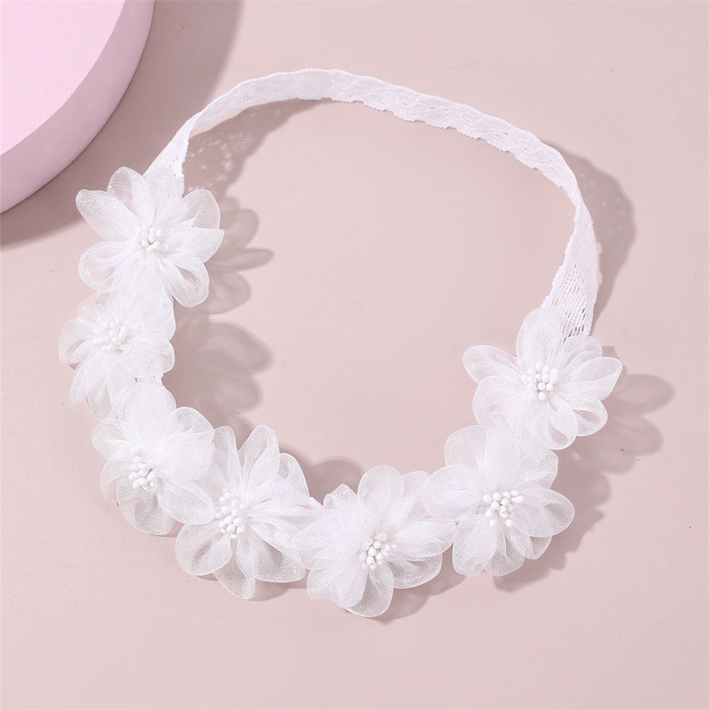 Cute Floral Hairband for Kids Made of Fabric with White Lace and Flower Embellishment