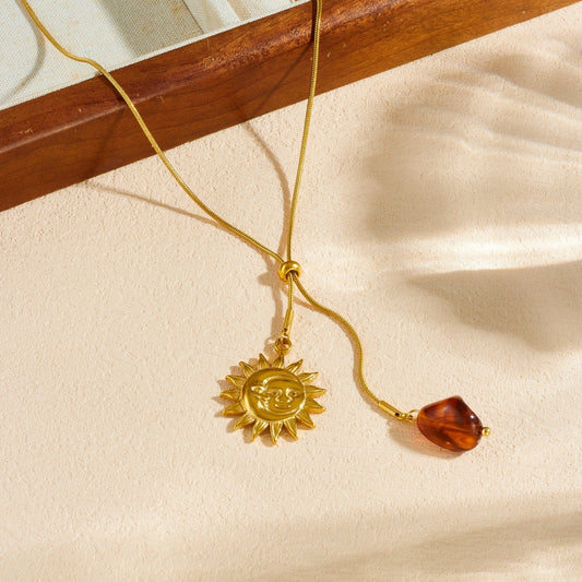 Vintage Geometric Sun Stainless Steel Plated Pendant Necklace for Women with Snake Chain