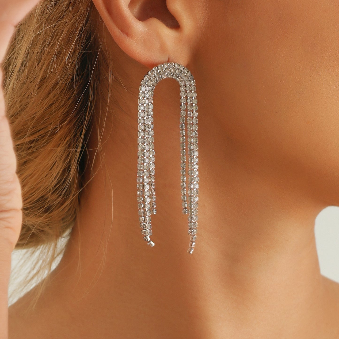 Geometric Style Long Dangle Earrings for Women with Rhinestone Accents and Plated Metal Finish
