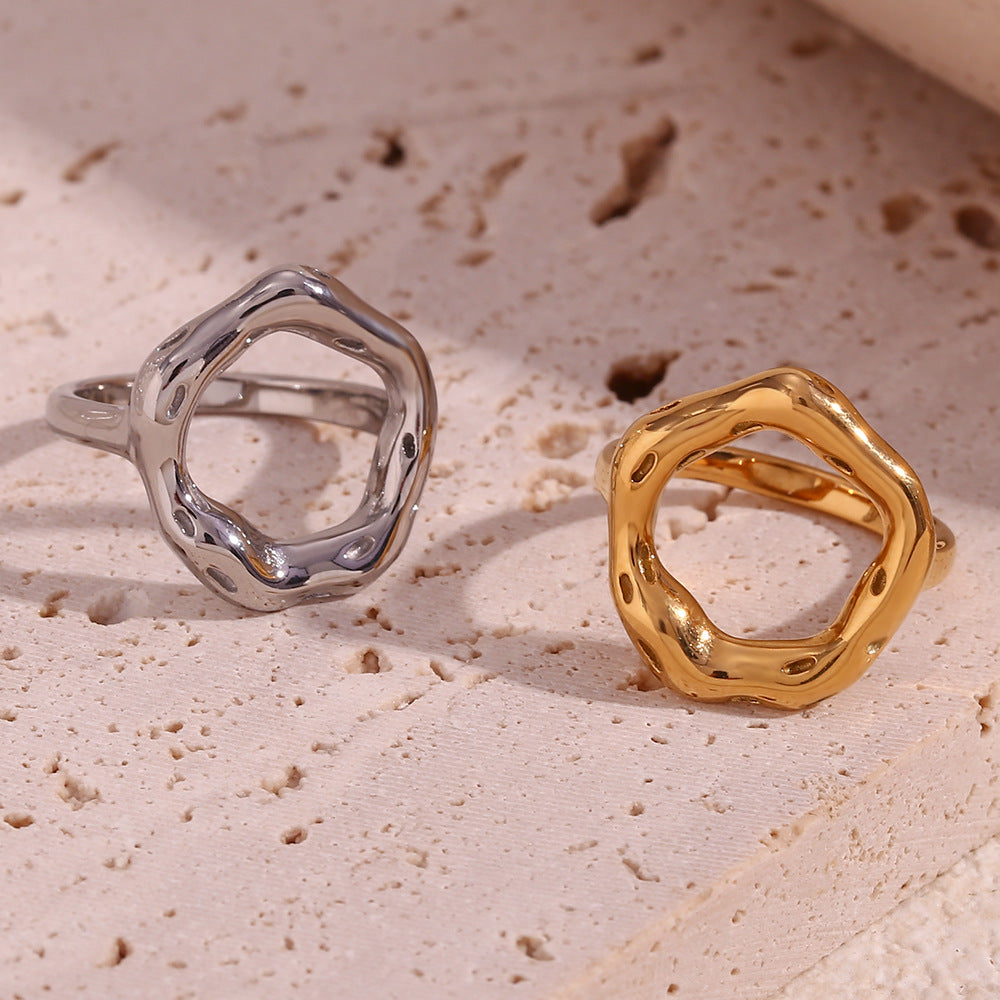 Minimalist Geometric Stainless Steel Ring with 18K Gold Plating and Hollow Design for Women