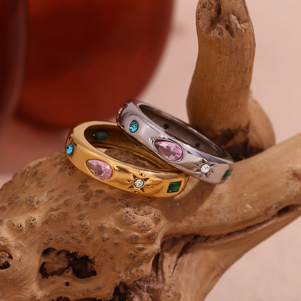 Minimalist Geometric Stainless Steel Ring with 18K Gold Plating and Colorful Zirconia Drops for Women
