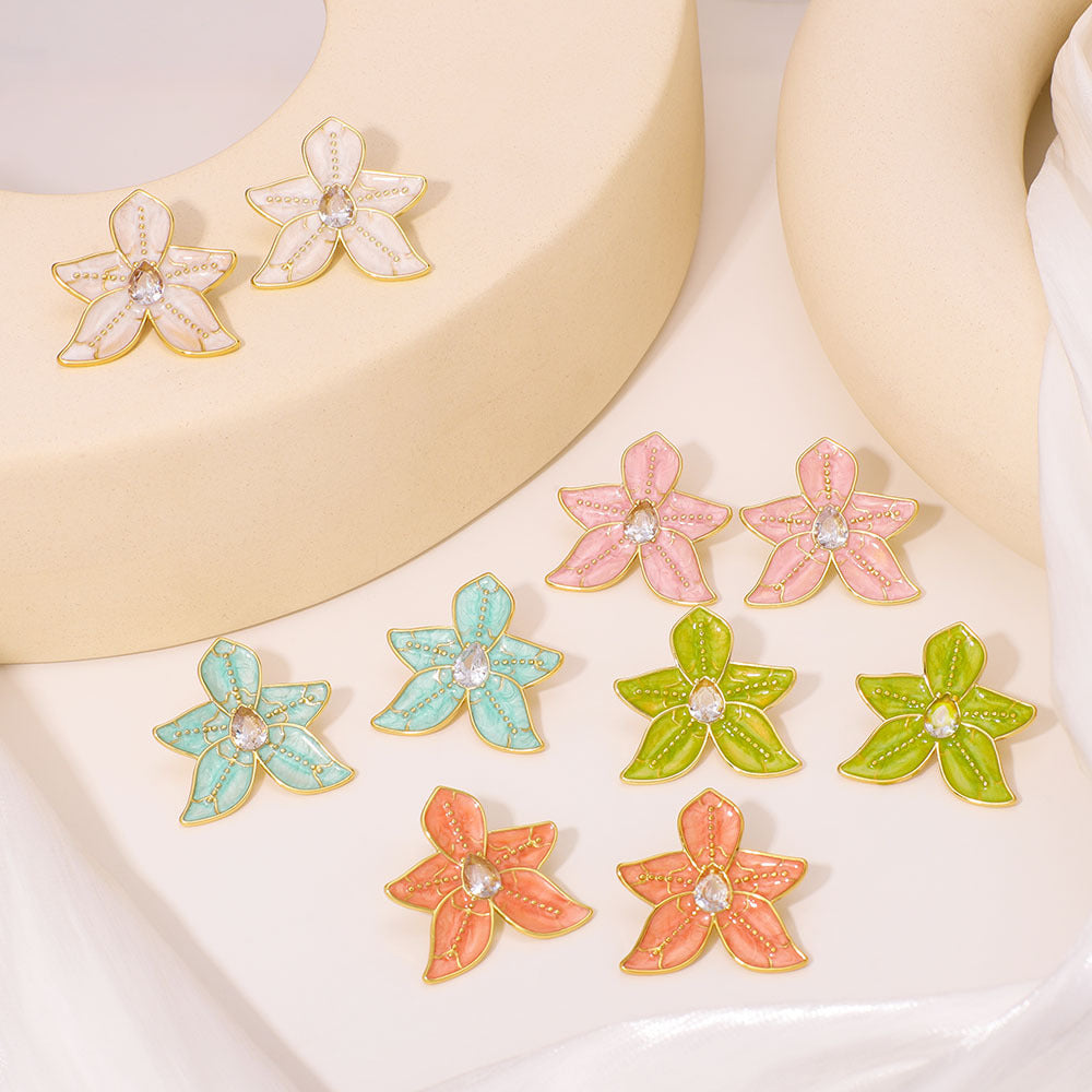 Geometric Style Five-Petal Flower-Shaped Stainless Steel Earrings with Enamel Coloring and Rhinestone Inlay for Women