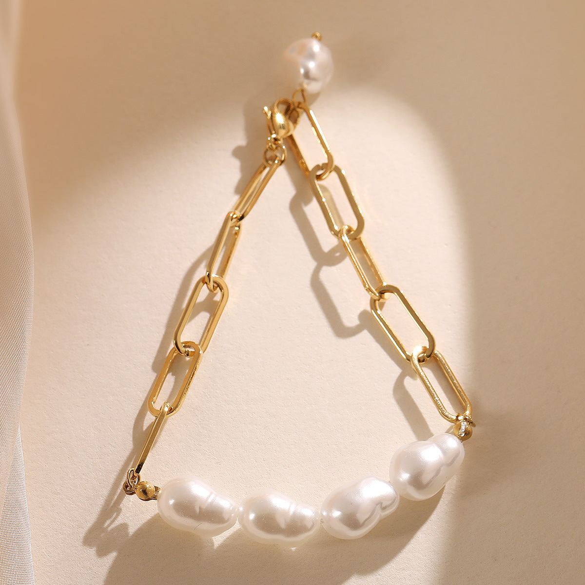Minimalist Bohemian Geometric Gold Plated Stainless Steel Bracelet with Irregular Pearl for Women