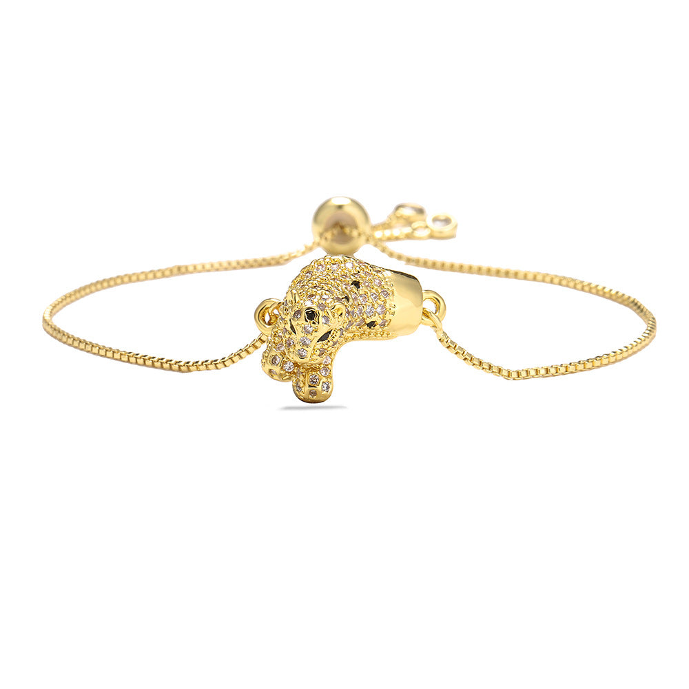 Minimalist Geometric Leopard Head Hand Chain for Women in Brass with Real Gold Plating and Zircon Inlay