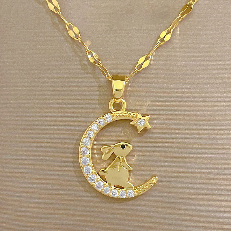 Luxury Moon and Rabbit Pendant Necklace for Women in Titanium Steel with Geometric Design, Plated Finish, Perfect for Wedding, Banquet, and Everyday Elegance