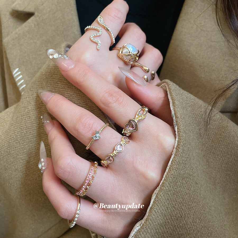 Set Anelli da Donna a Cuore Aperti Geometrici Lussuosi Minimalisti in Lega con Intarsio di Strass