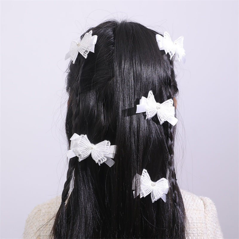 Set de Pinzas de Pelo con Lazos Bordados de Organza Blanca Minimalista para Niñas con Detalles de Perlas